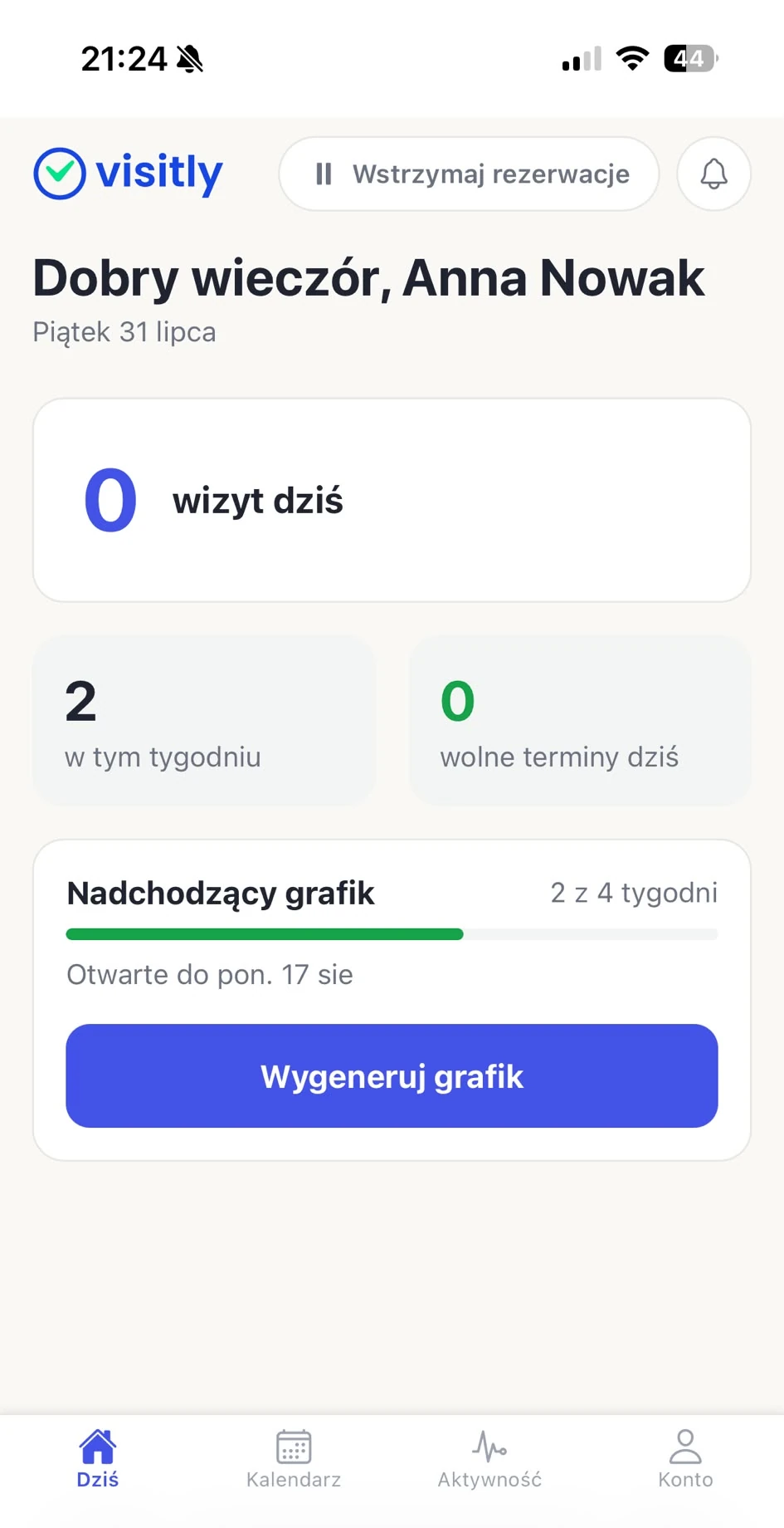 Ekran Dziś w aplikacji Visitly: liczba wizyt, wolne terminy i nadchodzący grafik